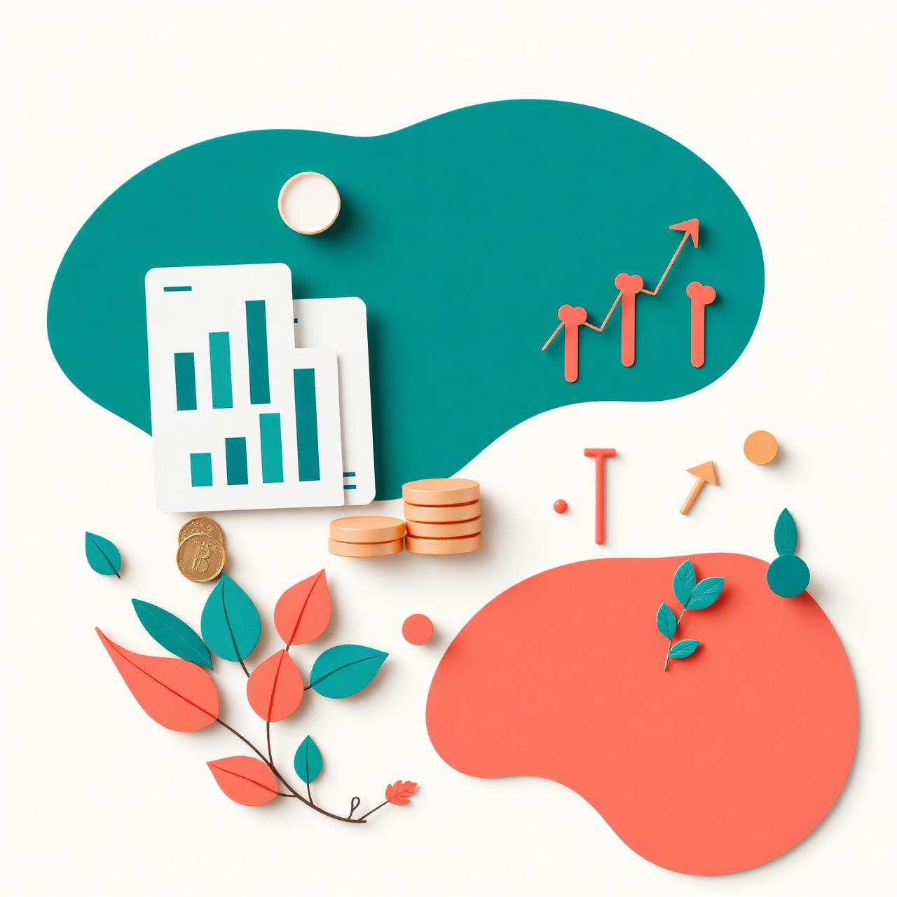 Abstract illustration of charts, growth arrows and coins representing tidy business finances